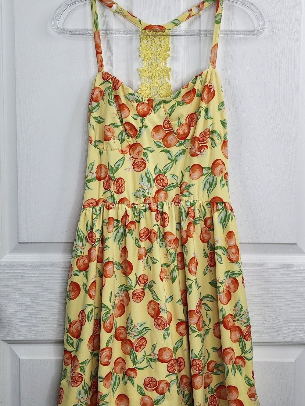 No Boundaries Yellow Orange Citrus Print Crochet Back Sundress with Pockets - XX